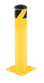 The Vestil Steel Pipe Safety Bollard 24 X 4-1/2 In has a yellow finish, black cap, diagonal stripes near the top, and is mounted on a flat base with bolt holes for secure installation.