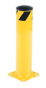 The Vestil Steel Pipe Safety Bollard 24 X 5-1/2 In showcases a striking yellow design with black diagonal stripes, is cylindrical with a flat black top, and features a sturdy square base with holes for secure mounting.