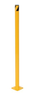 The Vestil Steel Pipe Safety Bollard, 36 x 1-3/4 inches, features a sturdy yellow metal post with a black diagonal stripe near the top. Its mounted on a square base for use as a safety or barrier device.