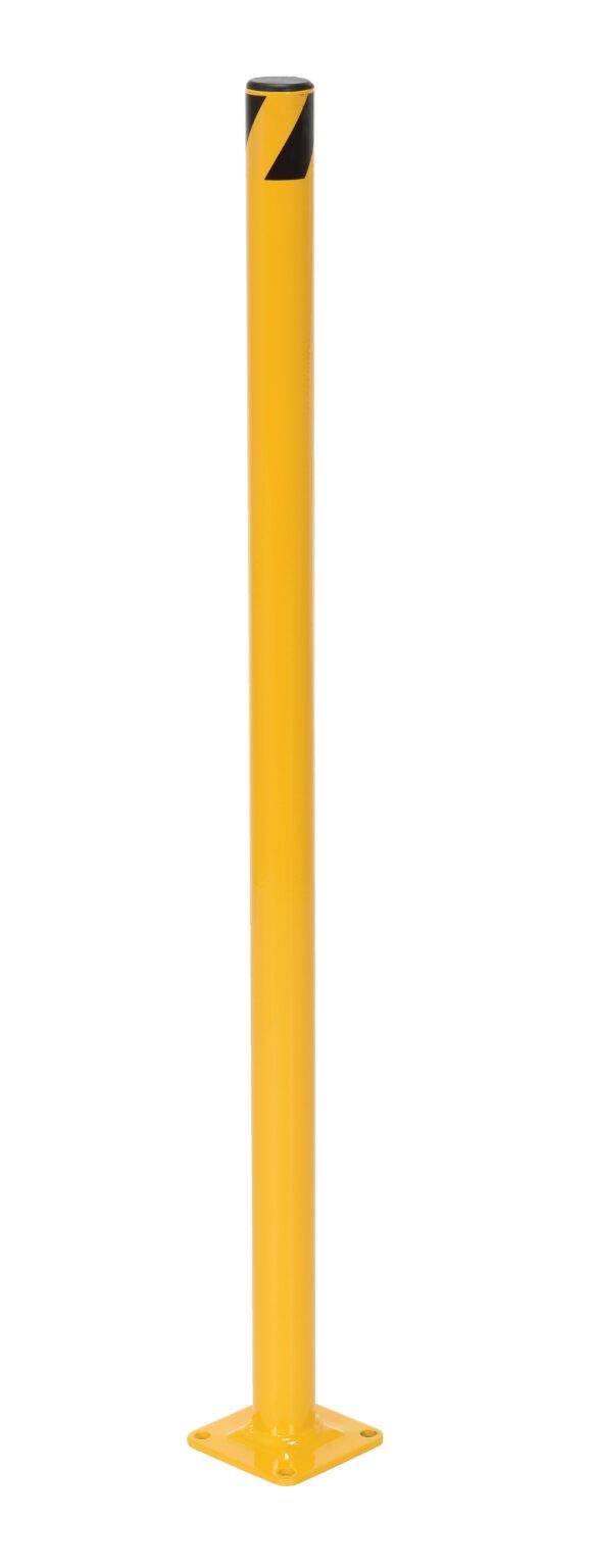 The Vestil Steel Pipe Safety Bollard, 36 x 1-3/4 inches, features a sturdy yellow metal post with a black diagonal stripe near the top. Its mounted on a square base for use as a safety or barrier device.