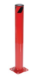 The Vestil Steel Pipe Safety Bollard 36 X 4-1/2 Red is a 36-inch tall and 4.5-inch wide bollard with a red cylindrical design and black diagonal stripe, mounted on a holed square base for visibility and stability.