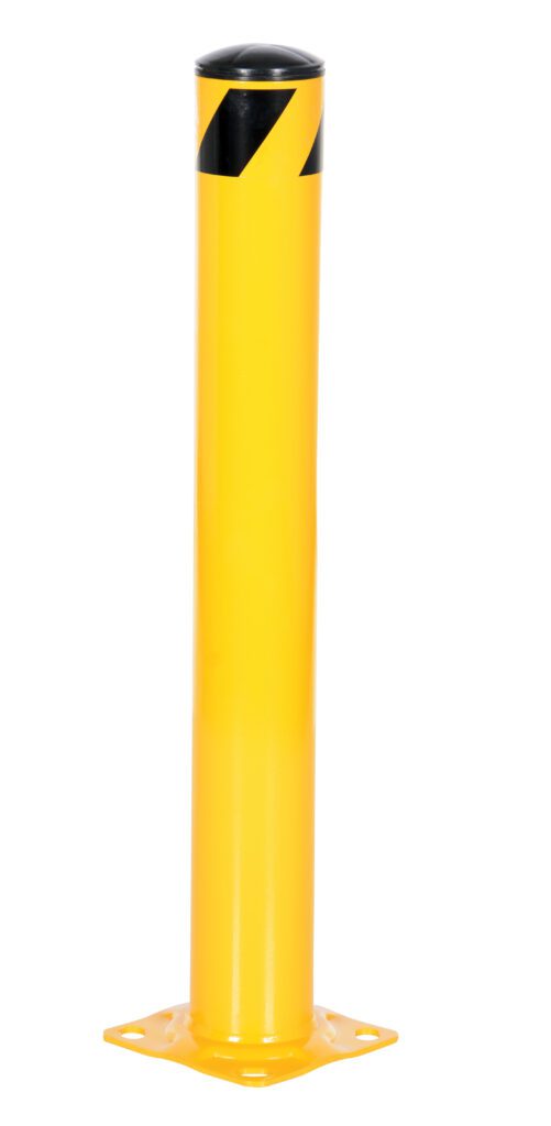 BOL-36-4.5_A.jpg The Vestil Steel Pipe Safety Bollard 36 x 4-1/2 In features a yellow design with a black top and diagonal stripes. Its sturdy rectangular metal base has four mounting holes for secure installation, ensuring safety and protection.