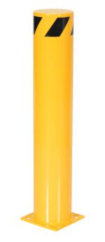 The Vestil Steel Pipe Safety Bollard 36 x 6-5/8 In is bright yellow with black diagonal stripes near the top. It features a flat base for easy mounting and stands upright against a plain backdrop, providing safety with its sturdy, cylindrical design.