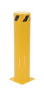 The Vestil Steel Pipe Safety Bollard 36 X 8-5/8 In has a yellow cylindrical design with black diagonal stripes at the top, featuring a smooth, shiny surface. It is mounted on a square base with holes for secure grounding.