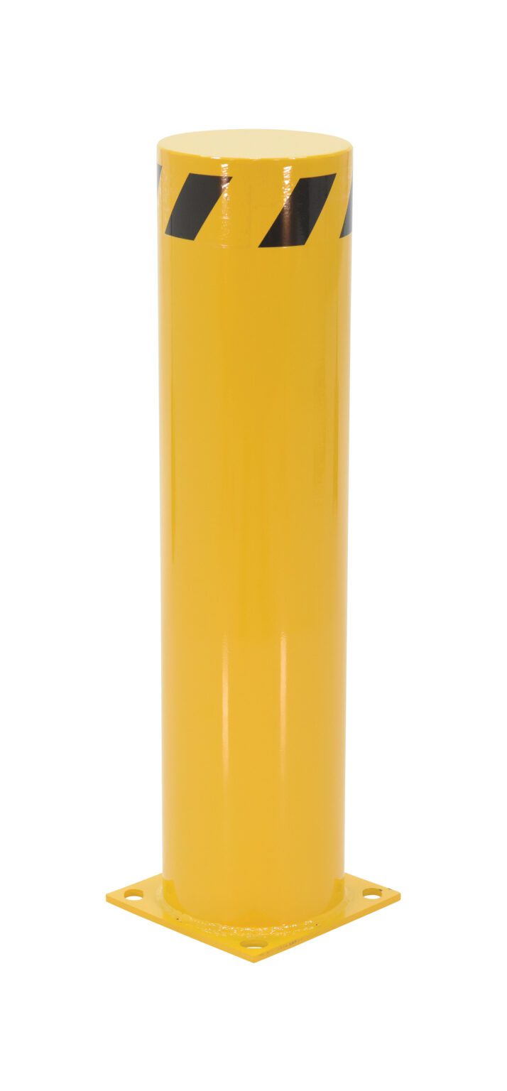 BOL-36-8.5_A.jpg The Vestil Steel Pipe Safety Bollard 36 X 8-5/8 In has a yellow cylindrical design with black diagonal stripes at the top, featuring a smooth, shiny surface. It is mounted on a square base with holes for secure grounding.