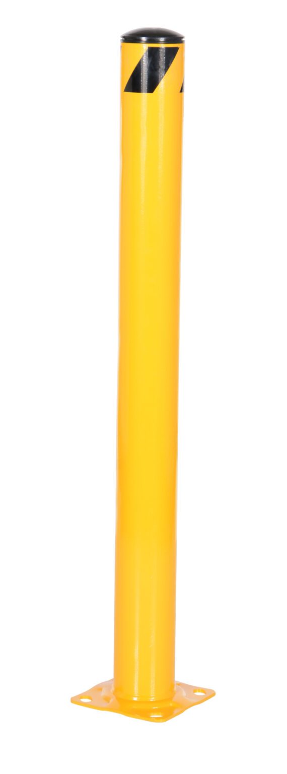 BOL-42-4.5_A.jpg A bright yellow Vestil Steel Pipe Safety Bollard 42 X 4-1/2 In, featuring a black stripe near the top, stands upright against a white background. It has a sturdy square base with holes for secure mounting.