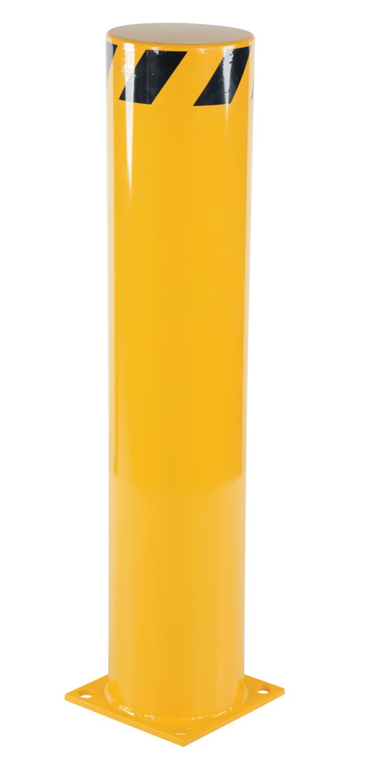 The Vestil Steel Pipe Safety Bollard 42 X 8-5/8 In features a yellow design with black diagonal top stripes. Its cylindrically shaped on a square base, offering sturdy protection and high visibility in various settings.
