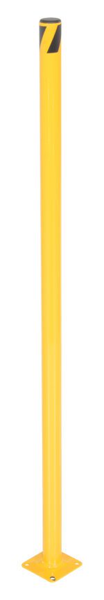 The Vestil Steel Pipe Safety Bollard 48 x 1-3/4 inches is tall, yellow with a black diagonal stripe at the top, and features a square base with four mounting holes for protection in various environments.