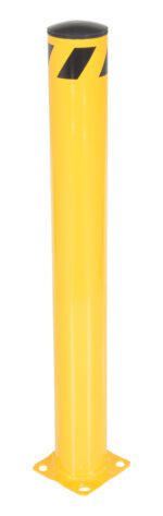 The Vestil Steel Pipe Safety Bollard 48 x 5-1/2 inches is a bright yellow with black cap and stripes near the top, equipped with a strong square base and four holes for secure mounting.