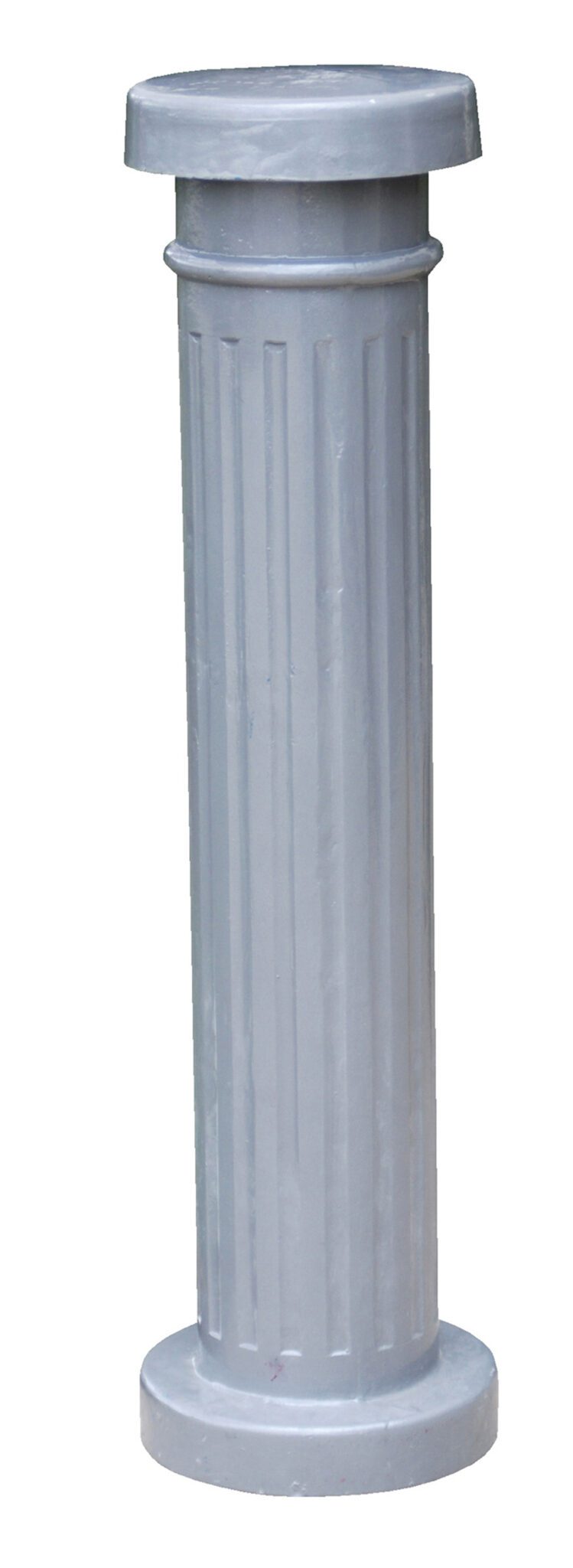 The Vestil Decorative Aluminum Bollard 43.5 X 12 In is a tall, cylindrical gray structure with vertical grooves, a flat top, and resembles a classical column with a thick base and subtle horizontal ring near the top.