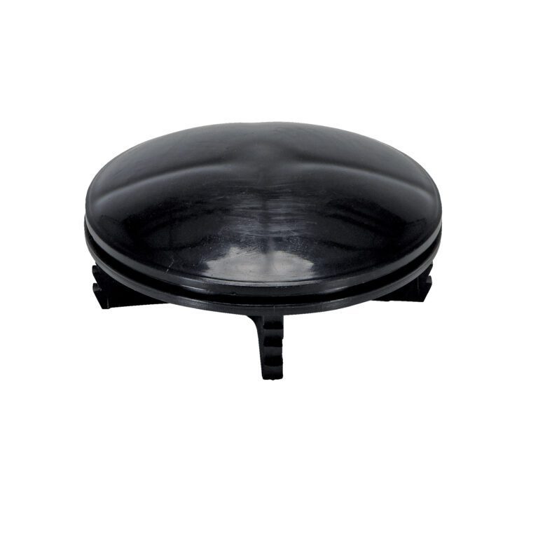 BOL-CAP-4.5-P_A.jpg A sleek, black disc akin to the Vestil Bollard Cap Plastic Replacement 4.5 In sits elegantly on angled supports, with its smooth, shiny surface reflecting light beautifully and adding a touch of modern minimalism to any setting.