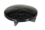 A black, round object with a glossy domed surface resembles the Vestil Bollard Cap Plastic Replacement 5.5 In. Elevated by three dark gray legs, it looks like a small UFO or dome sitting at an angle.