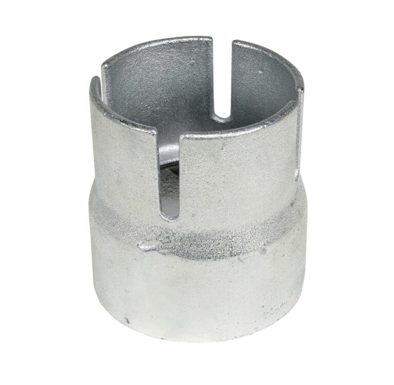 A shiny silver, machined-look Vestil Bollard Chain Cap 5.5 Retro-Fit features a metal cylinder with four vertical slots extending top-down and an open top.