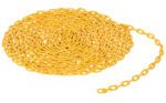 A Vestil 3/16 Chain Yellow Powder Coat is elegantly coiled in a spiral on a clean white background, with part extending outward.