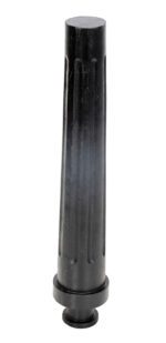 The Vestil Ductile Iron Decorative Bollard 28X3Base boasts a black, cylindrical rubber grip handle with vertical grooves that tapers slightly at the top, enhancing both style and functionality.