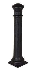 The Vestil Ductile Iron Decorative Bollard 38X8Base features a sleek black cast iron design with a curved top and a square base. Its smooth, cylindrical shape widens elegantly at both the base and top, combining functionality with aesthetic appeal.