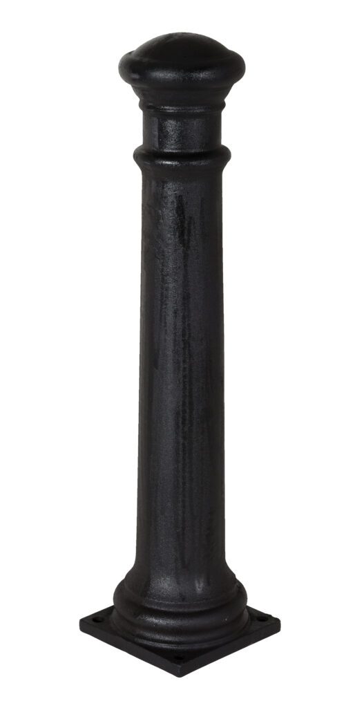 BOL-CI-38-8_A.jpg The Vestil Ductile Iron Decorative Bollard 38X8Base features a sleek black cast iron design with a curved top and a square base. Its smooth, cylindrical shape widens elegantly at both the base and top, combining functionality with aesthetic appeal.