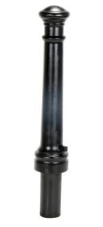 The Vestil Ductile Iron Decorative Bollard 40X8Base boasts a smooth cylindrical design with a rounded top. Its black exterior has a thicker lower section and a groove near the base, reflecting light elegantly.