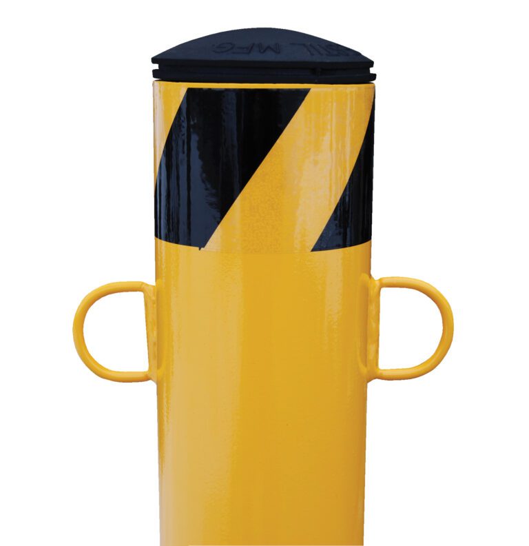 BOL-DRING_A.jpg Yellow bollard with black diagonal stripes near the top, featuring two looped handles for D-ring chain attachment, similar to a Vestil Bollard D-Ring Chain Attachment.