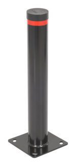 The Vestil Steel Pipe Safety Bollard Garage 24 X 3-1/2 In Black features a black design with a flat base, four mounting holes, a red reflective strip near the top, and a black cap. Its square base ensures secure installation in any garage setting.