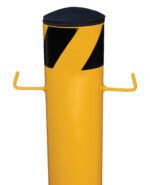 A yellow bollard with a round black cap and diagonal black stripes near the top has two small metal J-Hooks for easy chain attachment. Product: Vestil Bollard J-Hook Chain Attachment.
