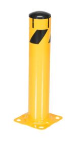 The Vestil Steel Pipe Bollard with Slots, painted yellow with a black cap and diagonal stripes, stands ready for duty. Its sturdy square base measures 24 x 4.5 inches and features four slots for secure mounting.