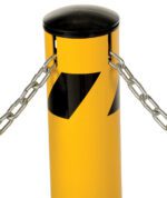The Vestil Steel Pipe Bollard 42 x 4.5 inches in yellow with black stripes and a black top features metal chains on each side to guide or restrict movement effectively.
