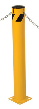 A Vestil Steel Pipe Bollard in yellow stands tall with a black diagonal stripe near the top, featuring a chain. Its base has four slots for securing and measures 42 x 5.5 inches.