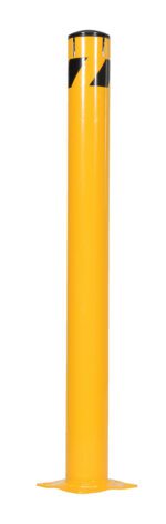 A bright yellow Vestil Steel Pipe Bollard with slots featuring black stripes near the top stands firmly on a flat base, measuring 48 x 4.5 inches.