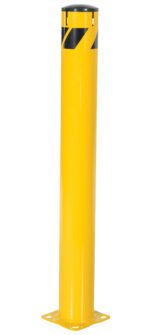 The Vestil Steel Pipe Bollard W/ Slots 48 X 5.5 In, in bright yellow with a rounded top and black diagonal stripes, has a flat base and suits traffic or safety applications.
