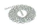 A coiled metal chain, as durable as the Vestil Steel Pipe Bollard, features interlinked oval links and is displayed on a white background. The silver chain, available in optional 15 Ft lengths, is neatly arranged in a circular pattern.