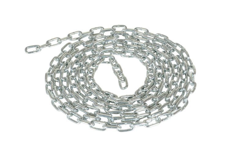 BOL-JK-CN15_A.jpg A coiled metal chain, as durable as the Vestil Steel Pipe Bollard, features interlinked oval links and is displayed on a white background. The silver chain, available in optional 15 Ft lengths, is neatly arranged in a circular pattern.