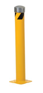 The Vestil Steel Pipe Bollard W/Slot 24X5.5 Slv Cap is a yellow metal bollard with a silver cap and black diagonal stripe near the top, mounted on a rectangular yellow base, likely used for traffic control or property protection.
