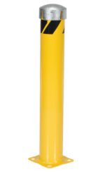 The Vestil Steel Pipe Bollard W/Slot 36X5.5 Slv Cap features a standing design on a flat base, topped with a silver cap and adorned with a black and yellow reflective stripe near the top for enhanced visibility.