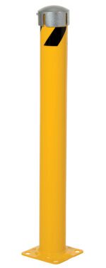 The Vestil Steel Pipe Bollard W/Slot 42X4.5 Slv Cap is ideal for parking lots or pedestrian areas, featuring a yellow finish and square base with four mounting holes for secure installation.