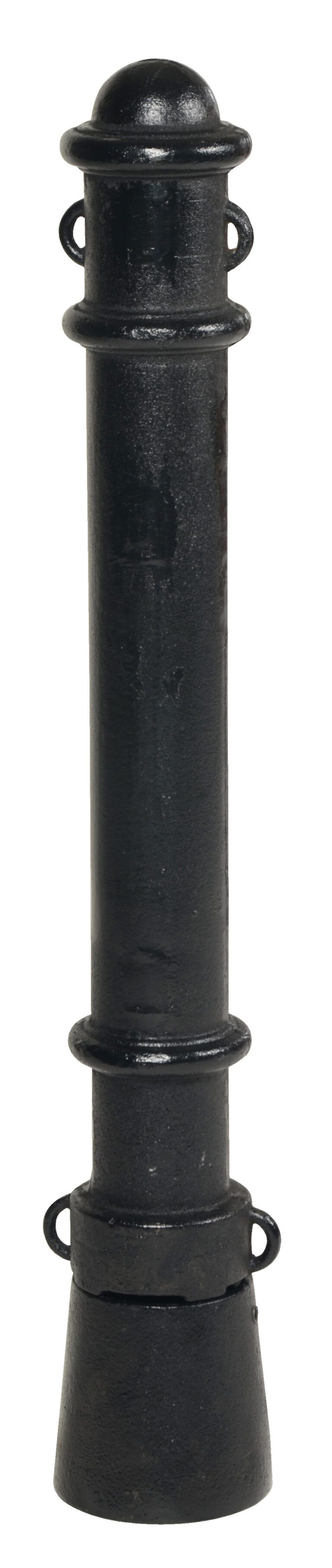 BOL-OR-40-BK-SM_A.jpg The Vestil Ornamental Steel Bollard Surface Mount showcases a tall black cylindrical design with two horizontal ridges and circular loops at the top and bottom. Its wide base supports the column, with a textured, slightly worn surface.