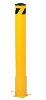 The yellow Vestil Removable Stl Pipe Safety Bollard 36X5.5 stands upright, includes black diagonal stripes at the top, and features a sturdy base plate for secure mounting.