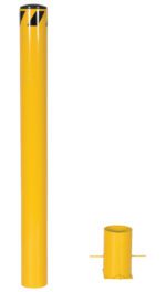 A tall, yellow Vestil Removable Stl Pipe Safety Bollard 48X5.5 with black top stripes is next to a shorter base, each fastened by two bolts on either side, against a white background.