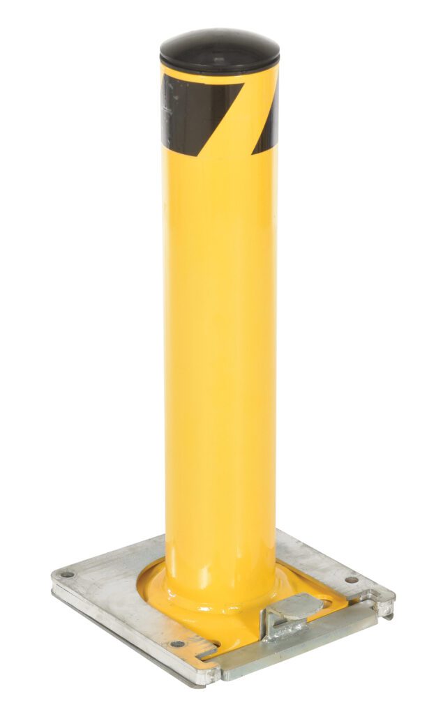 BOL-RF-24-4.5_A.jpg A retractable bollard in yellow and black mirrors the design of the Vestil Stl Pipe Bollard Surface Mounted 24X4.5. It is cylindrical with a square base, featuring a glossy finish for secure ground mounting.