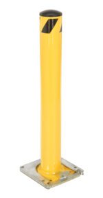 The Vestil Stl Pipe Bollard Surface Mounted 36X5.5 is a yellow metal bollard featuring a black top and diagonal stripes near the upper section, firmly positioned on a square base for enhanced durability and visibility.