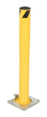 The Vestil Stl Pipe Bollard Surface Mounted 42x4.5 is a yellow cylindrical bollard with a flat metal base and black diagonal stripe near the top, offering secure locking ideal for temporary traffic control or property protection.
