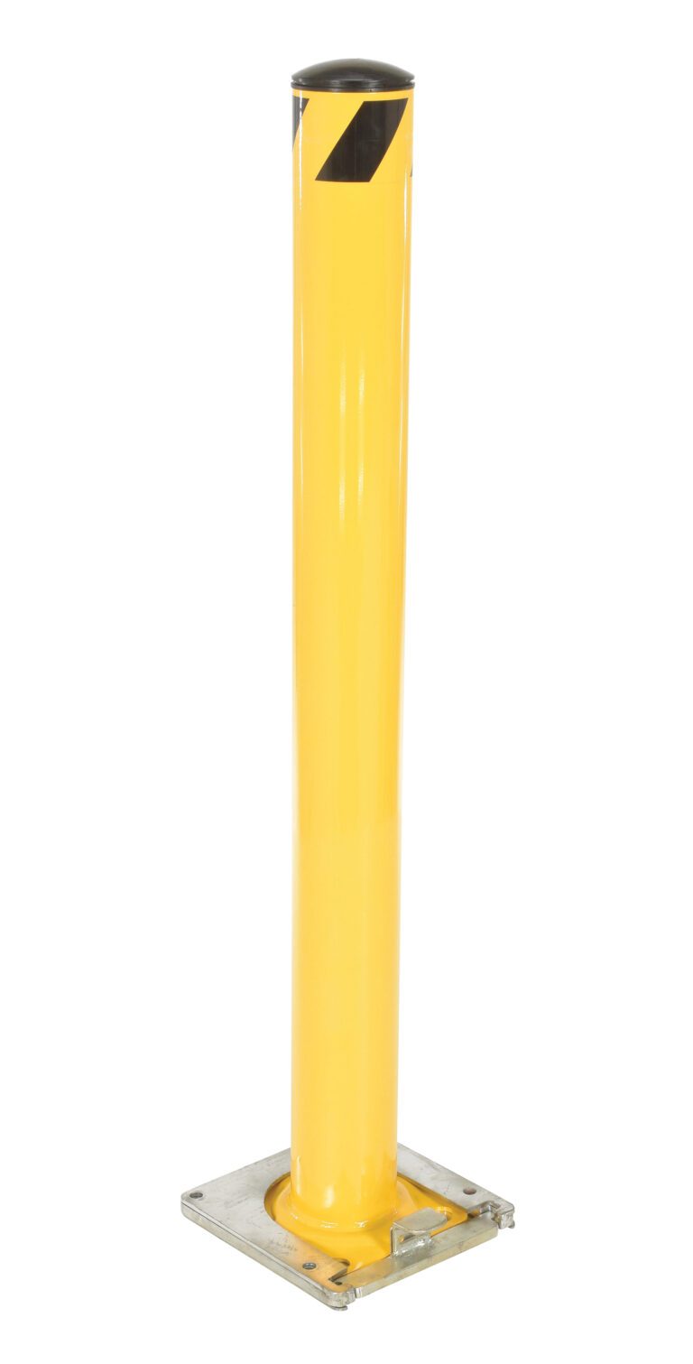 The Vestil Stl Pipe Bollard Surface Mounted 48X5.5 is a yellow cylindrical post with a black cap, mounted on a square base. It stands 48 inches tall and 5.5 inches wide, featuring a diagonal black stripe near the top for enhanced visibility.
