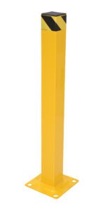 The Vestil Square Steel Bollard W/Cap is yellow with a black/yellow striped top, set against a white background, and features a flat base with four mounting holes, ideal for security and traffic control.