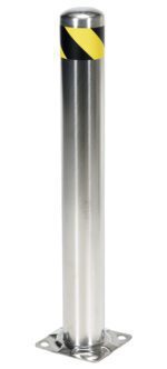 The Vestil Stainless Stl Pipe Safety Bollard 36X4.5 features a shiny stainless steel build with a yellow and black diagonal striped tape for visibility. It has a sturdy square metal base with four mounting holes, offering enhanced safety with its reflective finish.