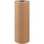 A large roll of MH-USA 24 Unbleached Butcher Paper stands upright, tightly wound around a green inner core. Its smooth surface is perfect for wrapping or crafting projects, providing 1000 feet per roll.