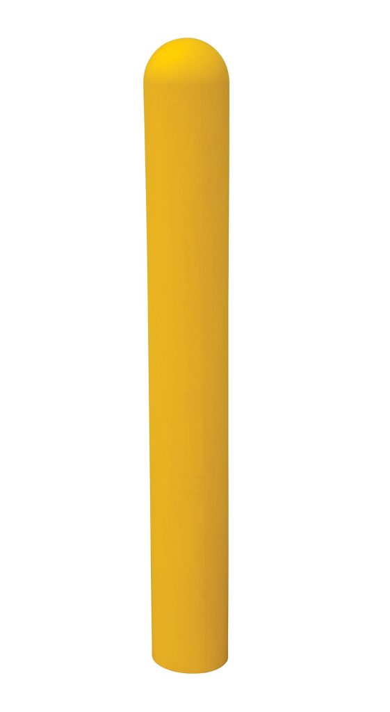 A yellow cylindrical bollard with a rounded top is highlighted against a white background, elegantly protected by the Vestil Plastic Bollard Post Cover 36 x 9.375 inches.