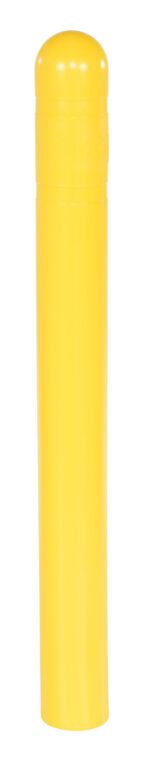 A tall, slender, bright yellow Vestil Plastic Bollard Post Cover (52 x 5 inches) with a rounded top features a smooth, shiny surface reflecting light beautifully against a plain white background.