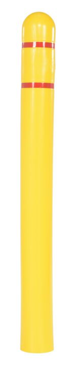 The Vestil Plastic Bollard Post Cover Red Tape 52X7 is a tall, yellow cover with a rounded top and two thin red bands near the top. Its smooth, shiny surface highlights the striking red tape detail.
