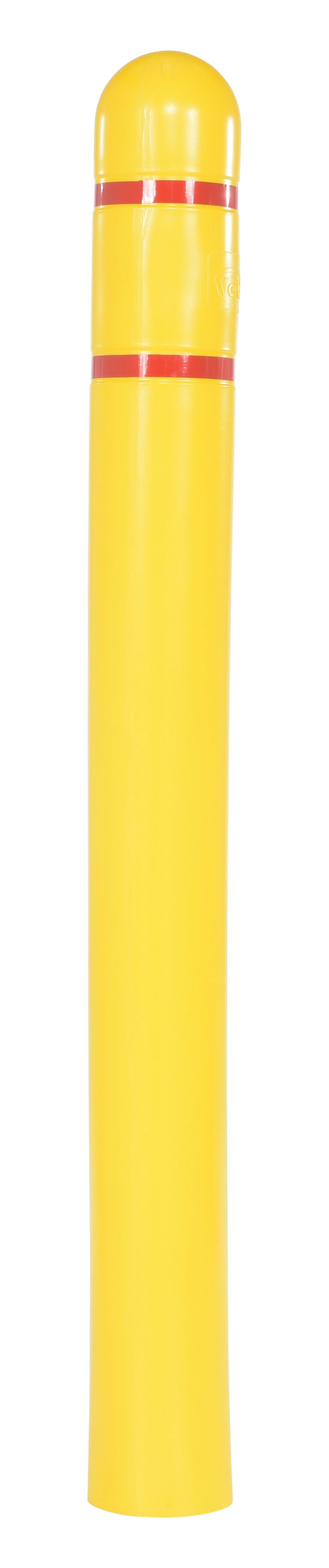 The Vestil Plastic Bollard Post Cover Red Tape 52X7 is a tall, yellow cover with a rounded top and two thin red bands near the top. Its smooth, shiny surface highlights the striking red tape detail.