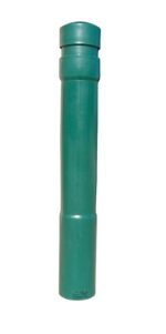 A tall, cylindrical green plastic container with a closed top and flared bottom resembles the Vestil Arch-Green Bollard Cover 52 In, standing upright against a stark white background.